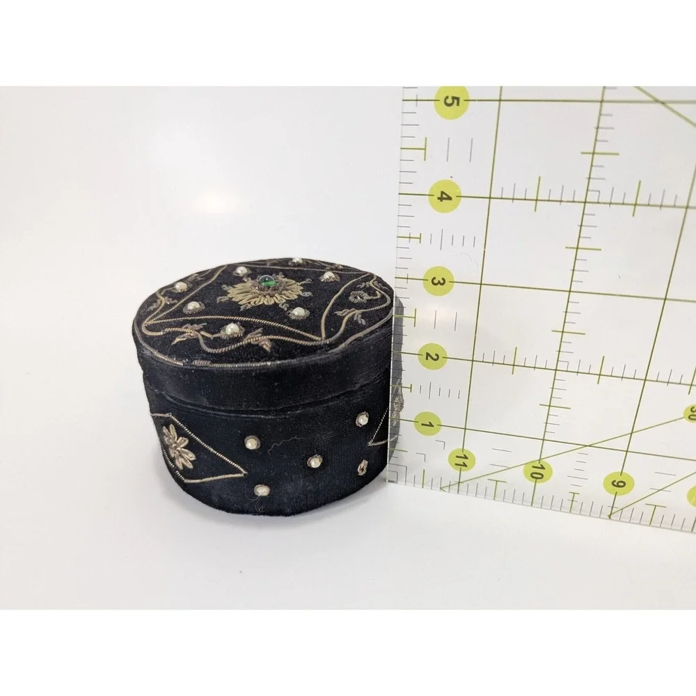 Zardozi Round vintage black velvet designed floral beaded Jewelry box holder
